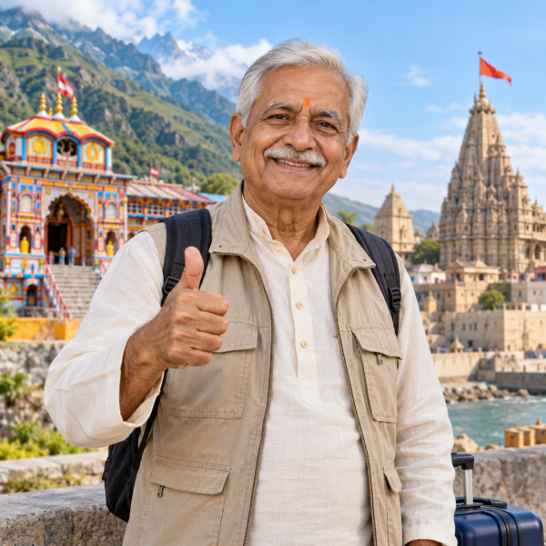 Cheerful pilgrim with temple backdrop