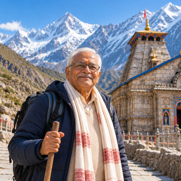 Himalayan Pilgrim Before a Mountain Temple
